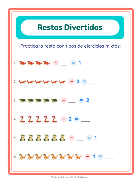 Vista previa de la hoja de Resta con Reptiles y anfibios para jardín infantil