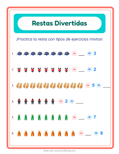 Vista previa de la hoja de Resta con Ropa para jardín infantil