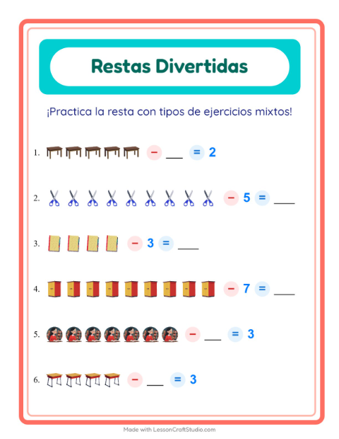 Vista previa de la hoja de Resta con Salón de clases para jardín infantil
