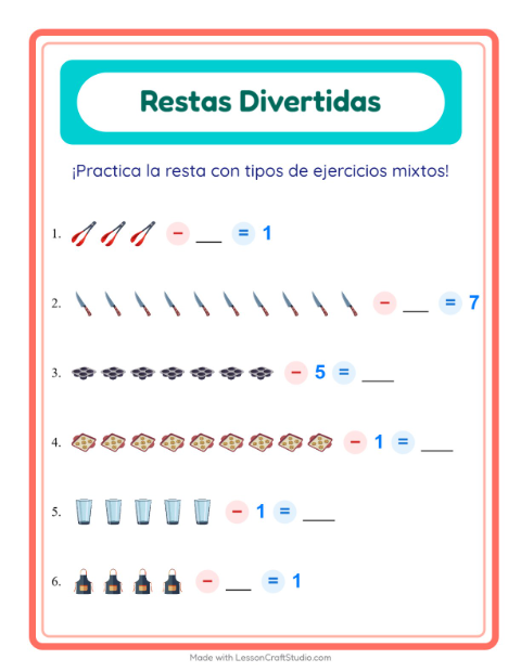 Vista previa de la hoja de Resta con Utensilios de cocina para jardín infantil