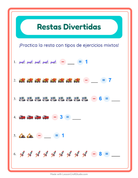 Vista previa de la hoja de Resta con Vehículos para jardín infantil
