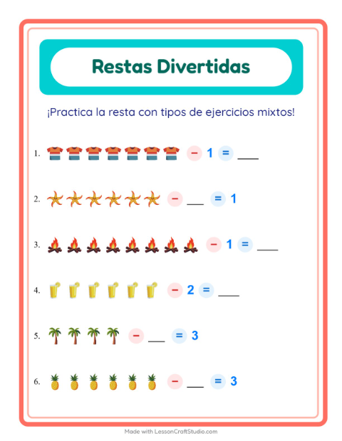 Vista previa de la hoja de Resta con Verano para jardín infantil