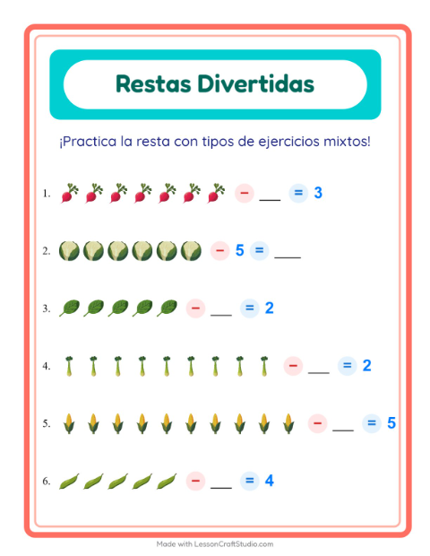 Vista previa de la hoja de Resta con Verduras para jardín infantil