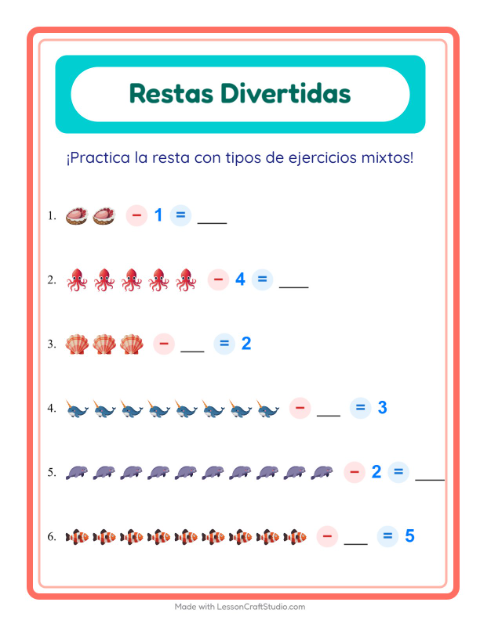 Vista previa de la hoja de Resta con Vida marina para jardín infantil