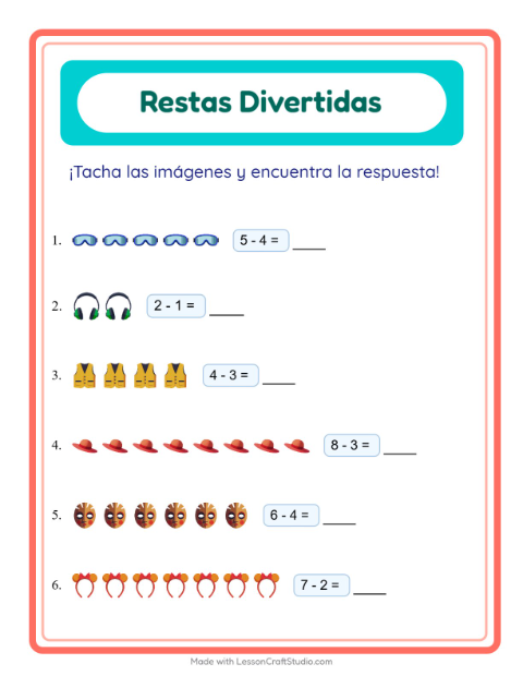 Vista previa de la hoja de Resta con Accesorios para jardín infantil