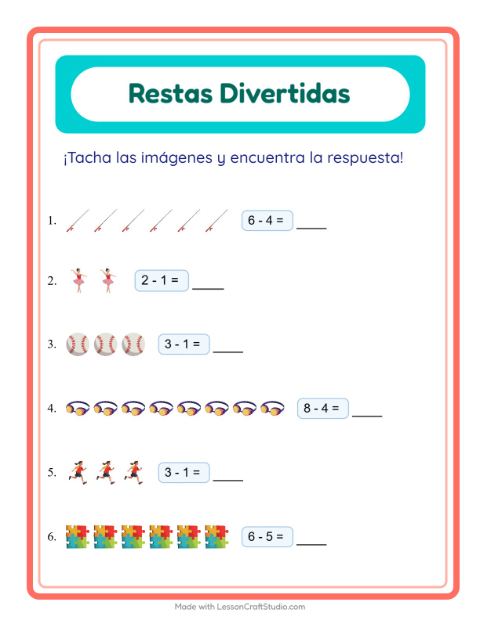 Vista previa de la hoja de Resta con Actividades para jardín infantil