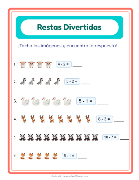 Vista previa de la hoja de Resta con Animales para jardín infantil