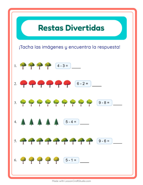 Vista previa de la hoja de Resta con Árboles para jardín infantil