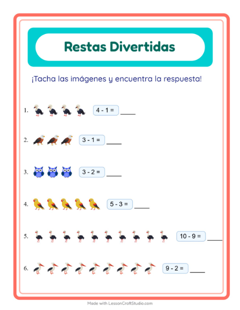 Vista previa de la hoja de Resta con Aves para jardín infantil