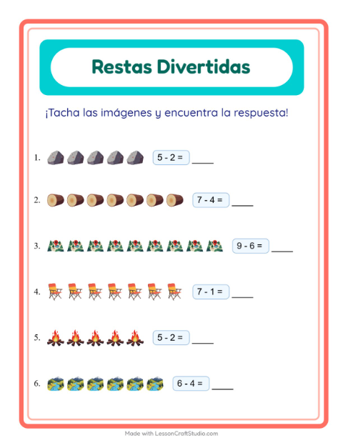 Vista previa de la hoja de Resta con Campamento para jardín infantil