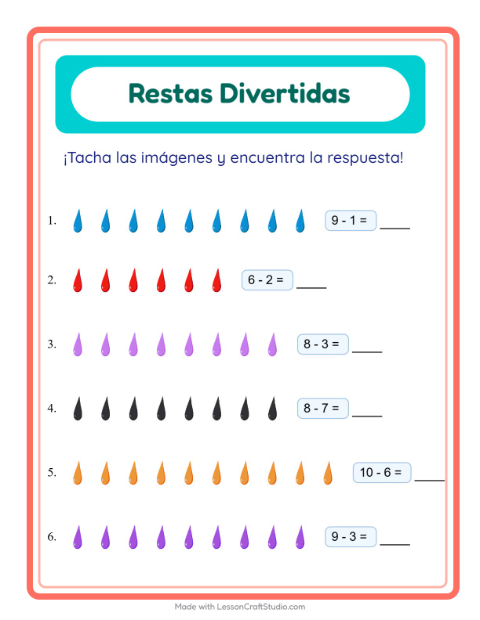 Vista previa de la hoja de Resta con Colores para jardín infantil