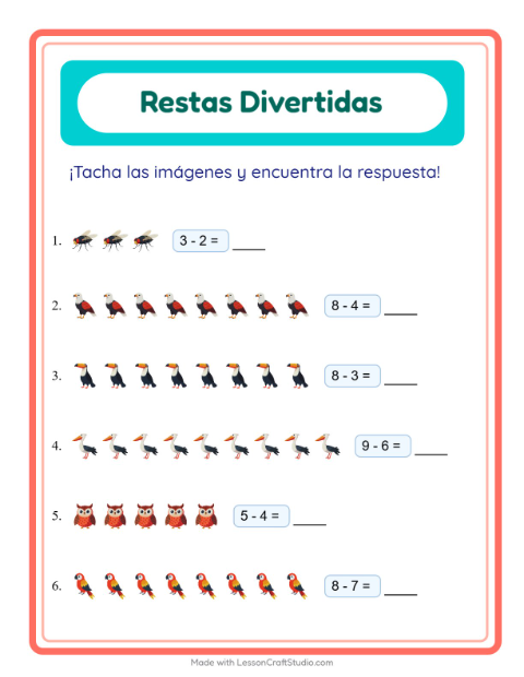 Vista previa de la hoja de Resta con Cosas que vuelan para jardín infantil