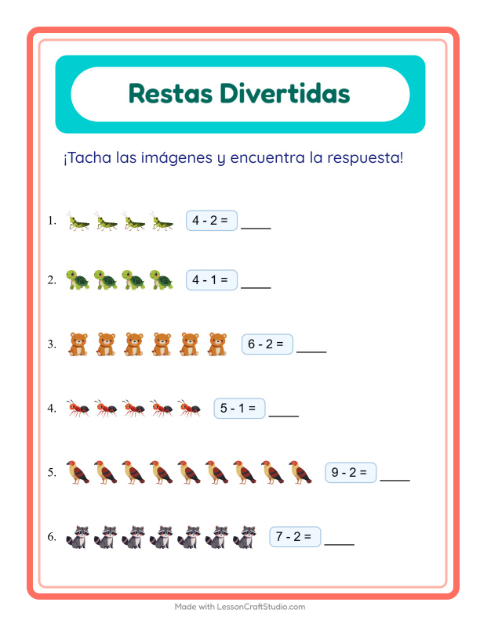Vista previa de la hoja de Resta con Criaturas del bosque para jardín infantil