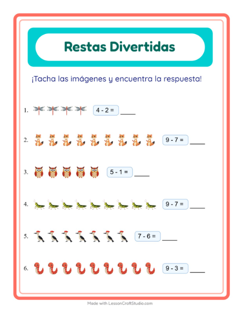 Vista previa de la hoja de Resta con Criaturas del bosque para jardín infantil