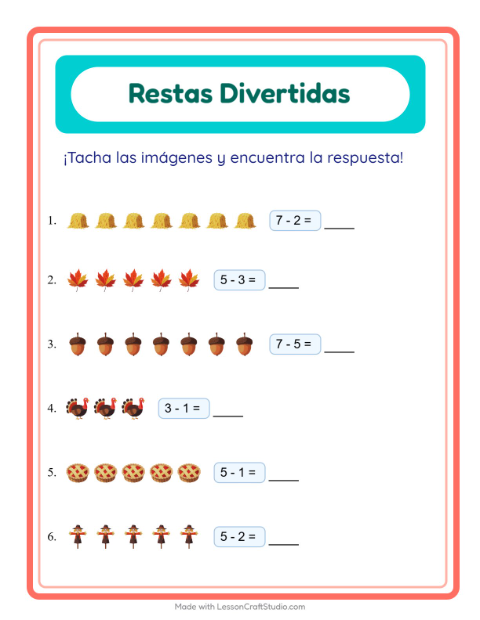 Vista previa de la hoja de Resta con Día de Acción de Gracias para jardín infantil