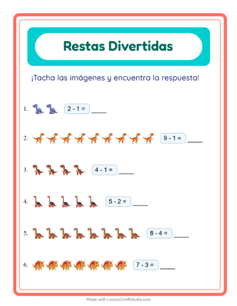Vista previa de la hoja de Resta con Dinosaurios para jardín infantil
