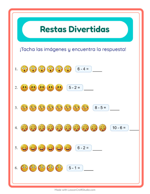Vista previa de la hoja de Resta con Emociones para jardín infantil
