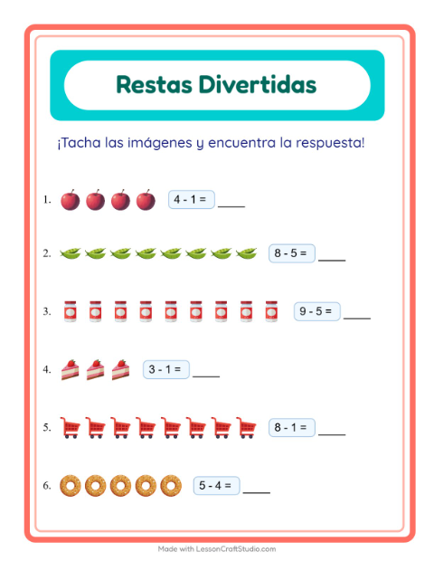 Vista previa de la hoja de Resta con En el supermercado para jardín infantil