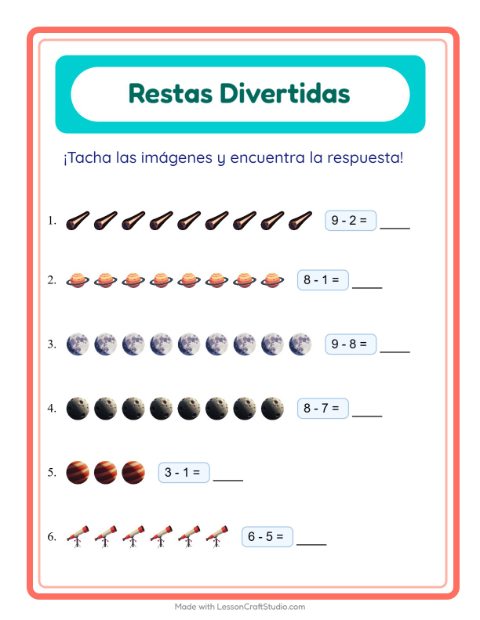 Vista previa de la hoja de Resta con Espacio para jardín infantil