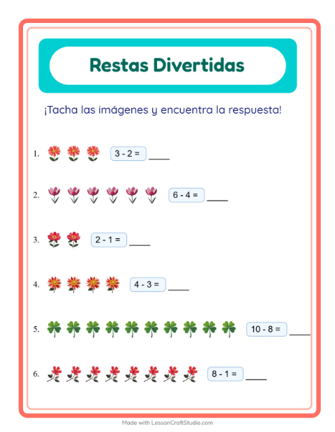 Vista previa de la hoja de Resta con Flores para jardín infantil