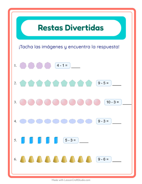 Vista previa de la hoja de Resta con Formas para jardín infantil