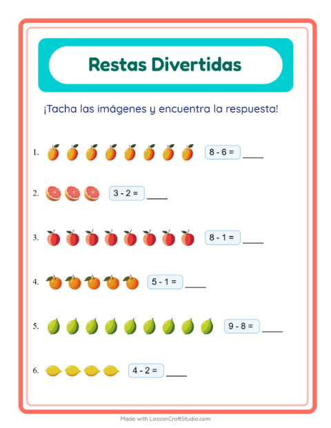 Vista previa de la hoja de Resta con Frutas para jardín infantil
