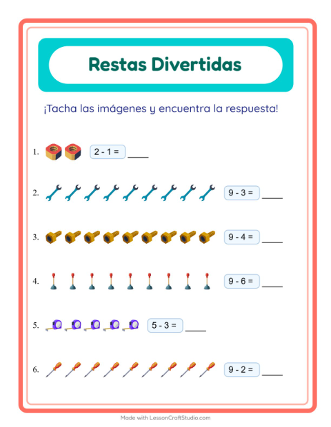 Vista previa de la hoja de Resta con Herramientas para jardín infantil