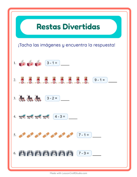 Vista previa de la hoja de Resta con Hospital para jardín infantil