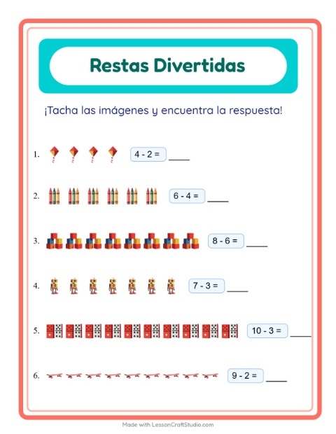 Vista previa de la hoja de Resta con Juguetes para jardín infantil