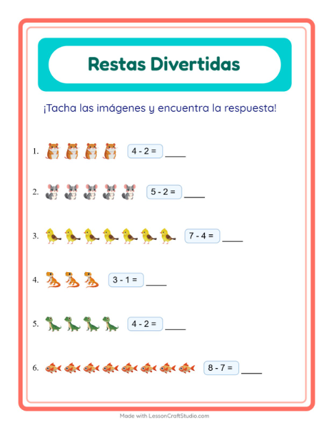 Vista previa de la hoja de Resta con Mascotas para jardín infantil