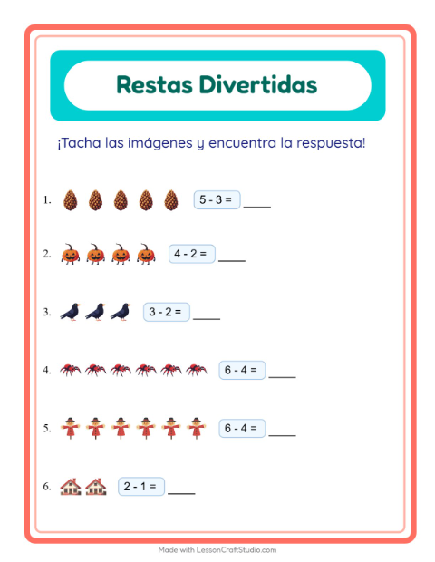 Vista previa de la hoja de Resta con Misceláneo para jardín infantil