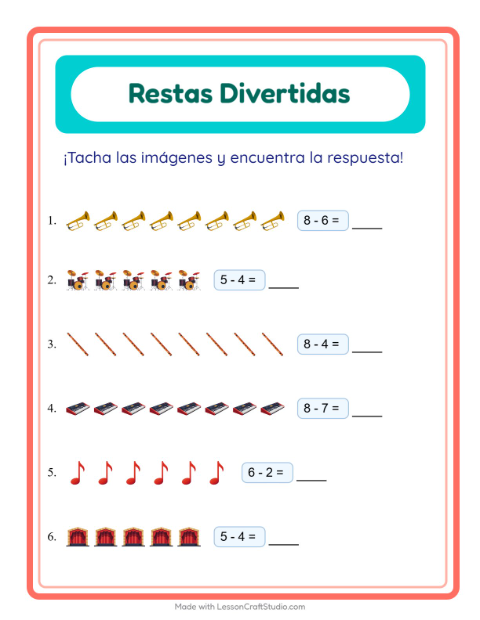 Vista previa de la hoja de Resta con Música para jardín infantil
