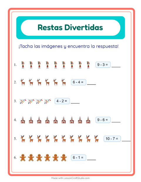 Vista previa de la hoja de Resta con Navidad para jardín infantil