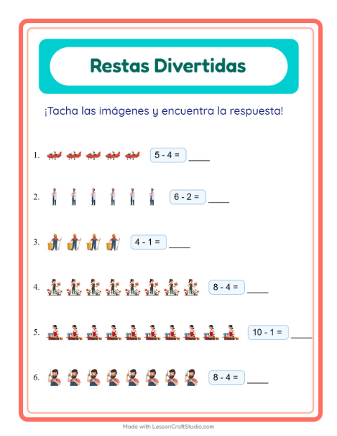 Vista previa de la hoja de Resta con Ocupaciones para jardín infantil