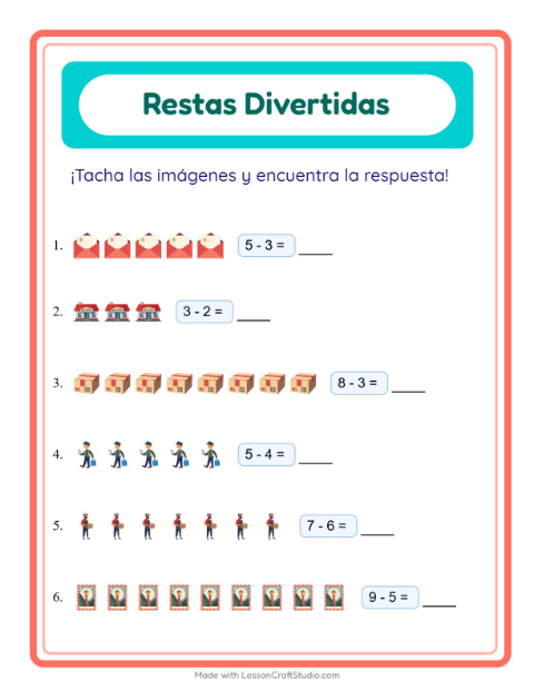 Vista previa de la hoja de Resta con Oficina de correos para jardín infantil