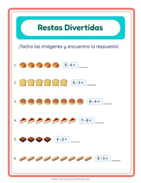 Vista previa de la hoja de Resta con Panadería para jardín infantil