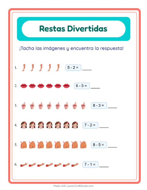 Vista previa de la hoja de Resta con Partes del cuerpo para jardín infantil
