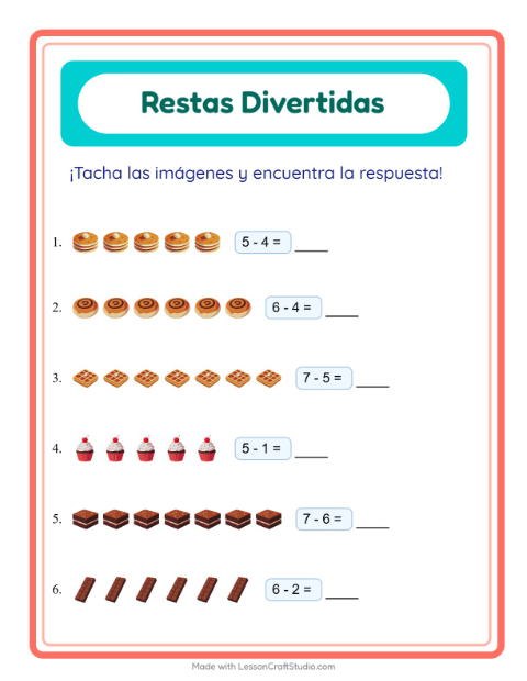 Vista previa de la hoja de Resta con Postres y dulces para jardín infantil