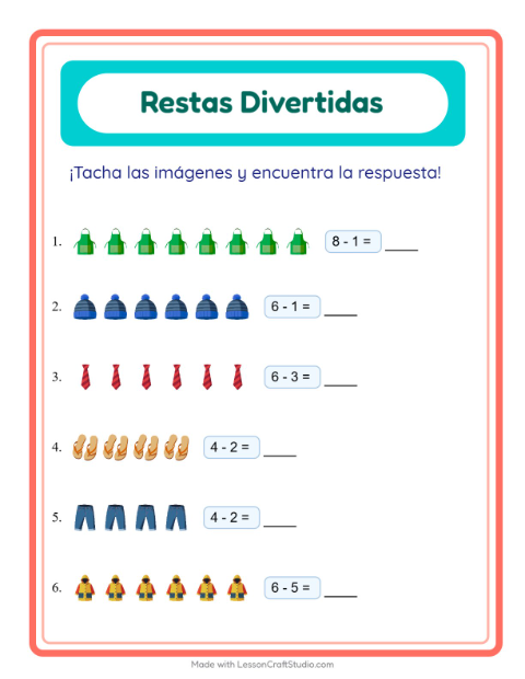 Vista previa de la hoja de Resta con Ropa para jardín infantil