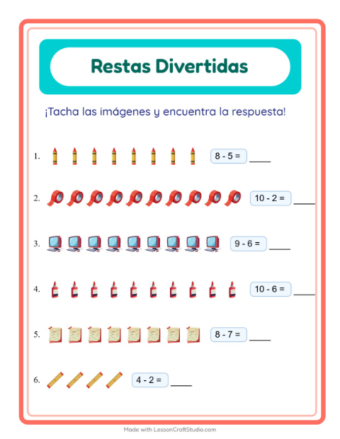 Vista previa de la hoja de Resta con Salón de clases para jardín infantil
