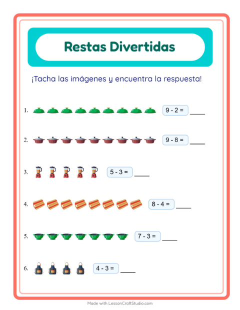 Vista previa de la hoja de Resta con Utensilios de cocina para jardín infantil