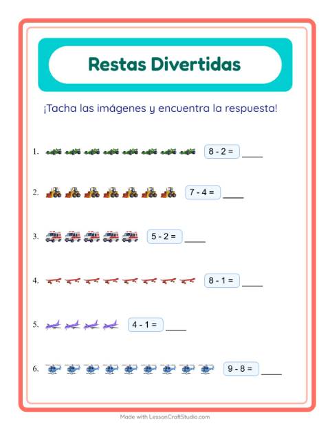 Vista previa de la hoja de Resta con Vehículos para jardín infantil