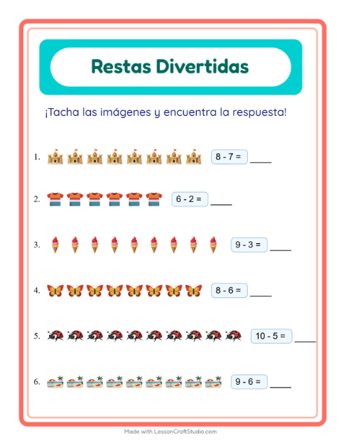 Vista previa de la hoja de Resta con Verano para jardín infantil