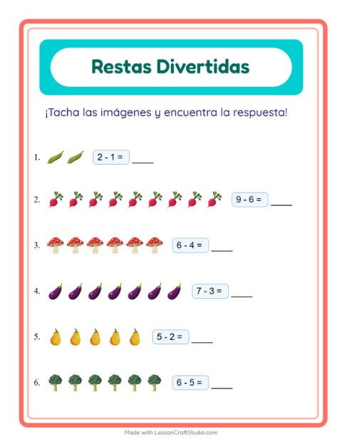 Vista previa de la hoja de Resta con Verduras para jardín infantil