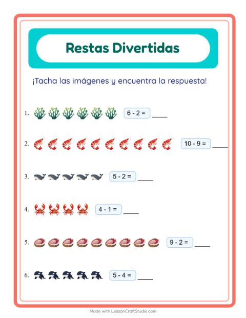Vista previa de la hoja de Resta con Vida marina para jardín infantil