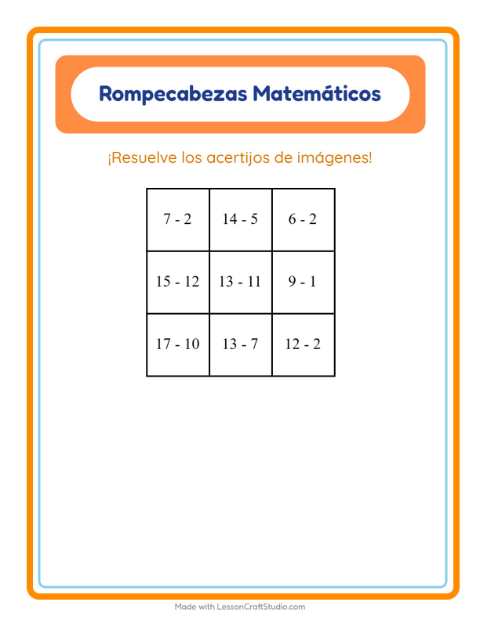 Vista previa de la hoja de Rompecabezas Matemático con Accesorios para grado 1