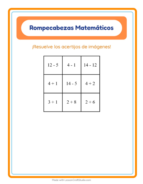 Vista previa de la hoja de Rompecabezas Matemático con Accesorios para grado 1