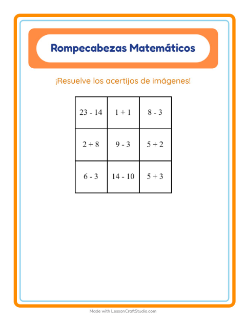Vista previa de la hoja de Rompecabezas Matemático con Animales para grado 1