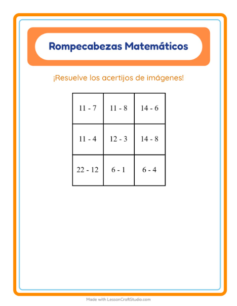 Vista previa de la hoja de Rompecabezas Matemático con Animales para grado 1