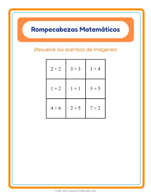 Vista previa de la hoja de Rompecabezas Matemático con Animales del zoológico para grado 1